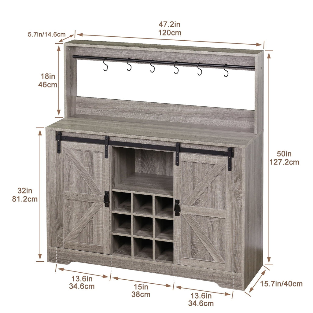 Bar Room(Gray) 6 Bar Deco Cabinet Dining Rack Urban Coffee with Storage,Liquor with Sideboard for Kitchen and Hooks Buffet