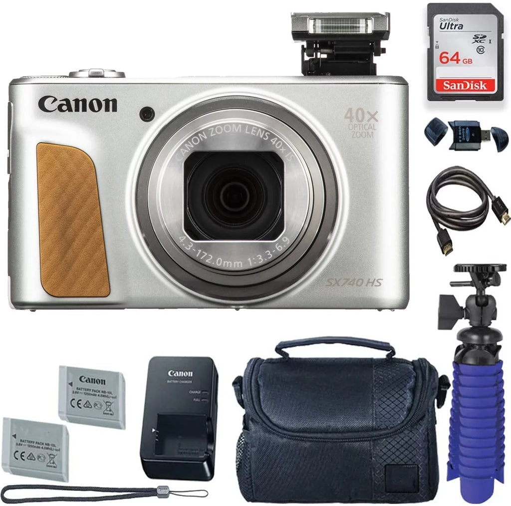 Camera Digital (Silver) with + PowerShot 64 + 2 GB Camera Tripod Batteries Card Canon Case SX740 + Premium HS