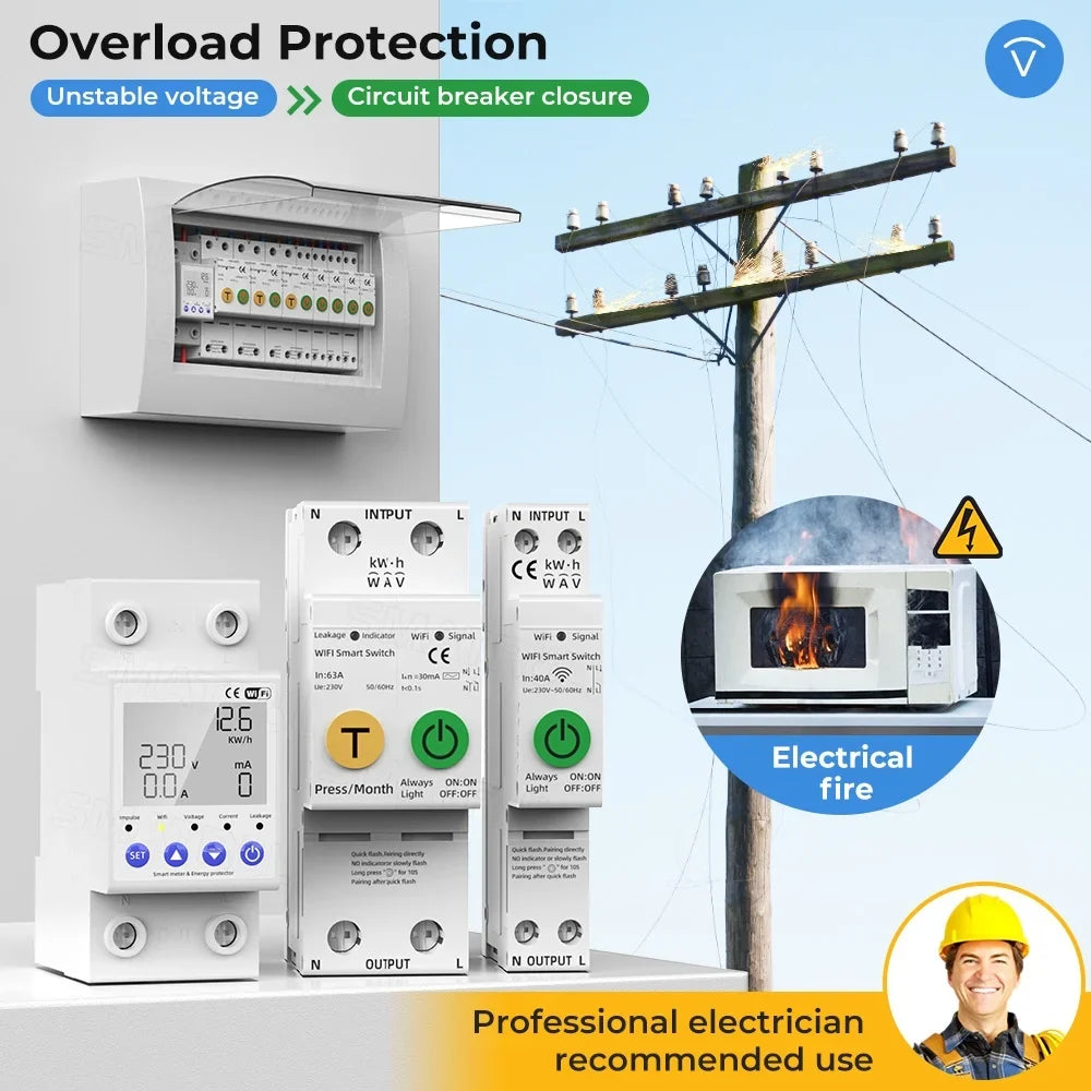 Htovila Protector Voltage Reclosing with Values Protections Assistant Voi Meter Automatic Settable Current Compatible Multifunctional APP Mobilephone for WiFi Intelligent Control
