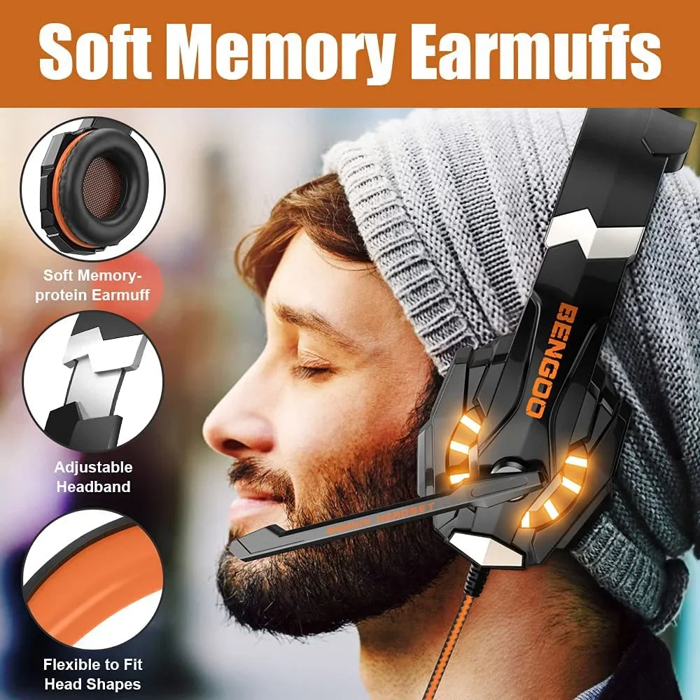 Earmuffs Mic, Cancelling LED G9000 Gaming One Over Light, Noise PS4, Headphones for Soft (Orange) Xbox Headset with Surround, Stereo Memory PC, BENGOO Bass Ear Controller,