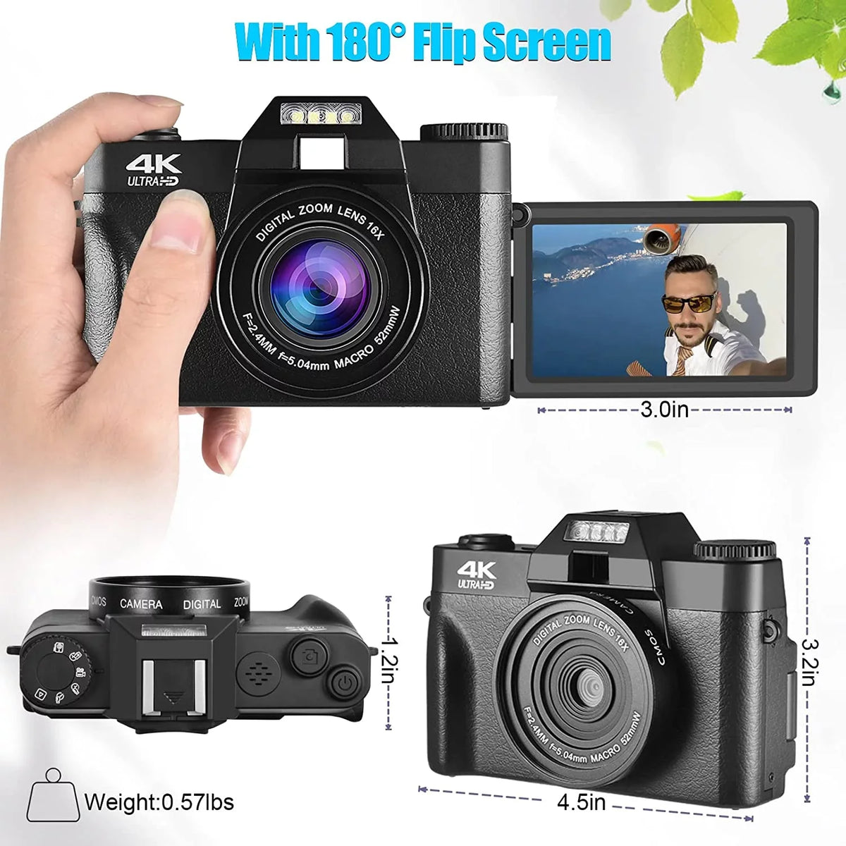and GB Camera,Digital Photography,4K Camera Flip Vlogging 180° Batteries(Black) with 48MP Lens,Macro Digital for Kids Card,2 Lens,32 for Adults Camera Micro Screen,Wide-Angle