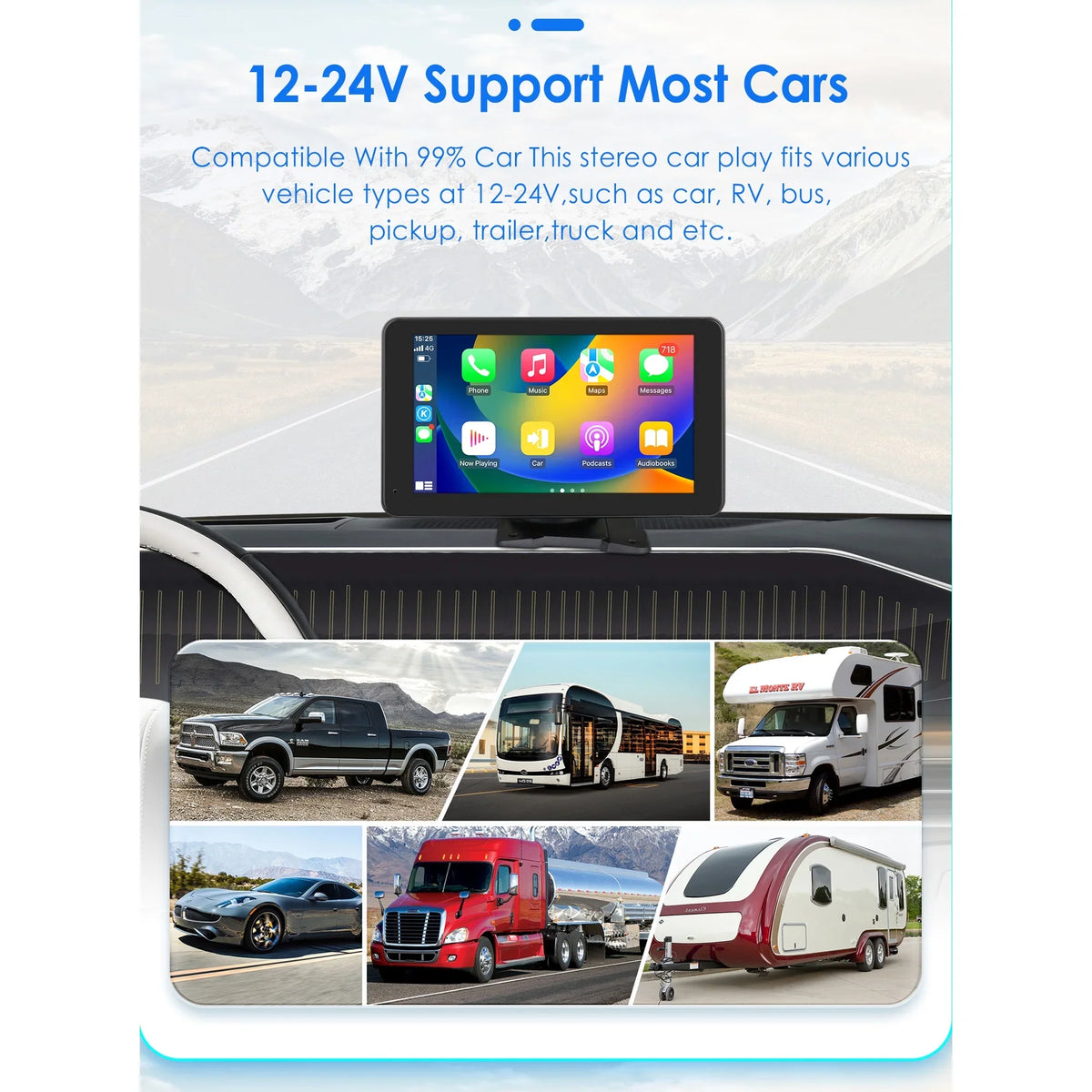 Adjustable 7" Radio 360° Auto GPS Bluetooth Android Car Camera Navigation Stereo Apple Unit Backup Carplay Link Touchscreen Mirror With Head Portable Player
