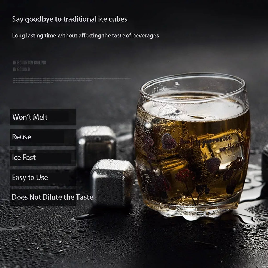 Ice for Chilling (Size Metal Stones, Drinks for with Ice Box, Rocks Steel Stainless Chiller : Whiskey pcs Vodka, No Waterless Cubes Whiskey Set of Rum Dilution Reusable Wine Cubes Scotch, 6 Ice 4/6/8
