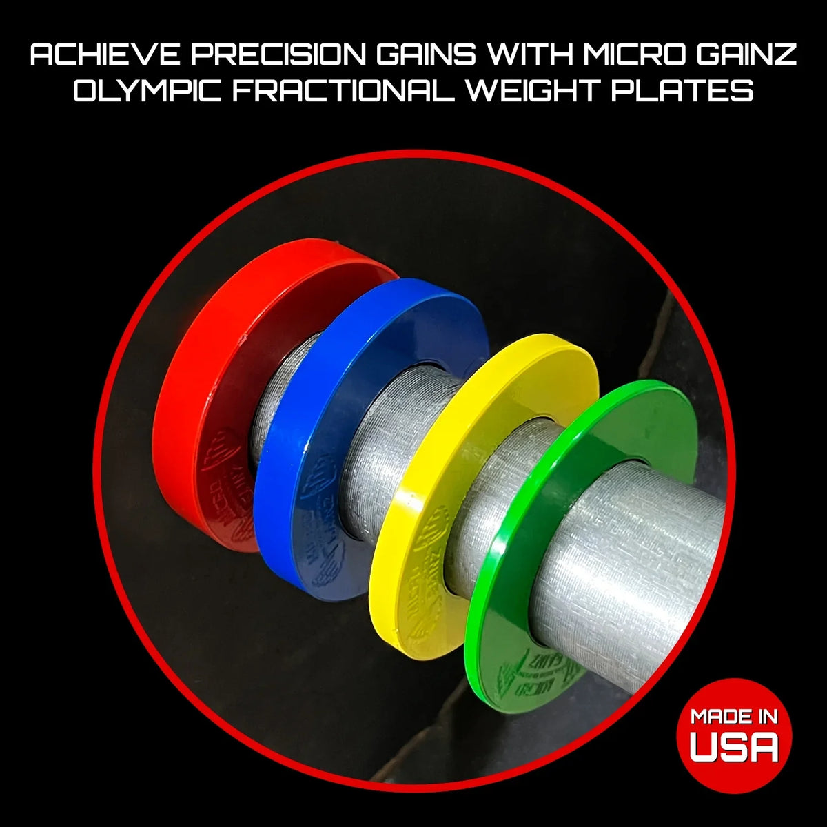 Set Plate Multi-Color Calibrated Gainz Micro Bag- w/ Plates Made Barbells, Fractional Plate .25LB-.50LB-.75LB-1LB Olympic in Set) of (8 USA For Weight