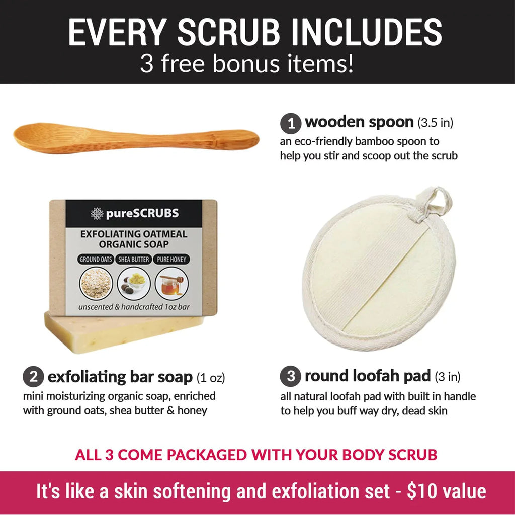 Exfoliating - SANDALWOOD + Set BODY Wooden Infused & Scrub Organic pureSCRUBS - 16oz Organic FREE Body Mini Dead Loofah SCRUB Bar Pure Nutrients & Premium Salt Oils Essential Spoon, Large Sea Soap