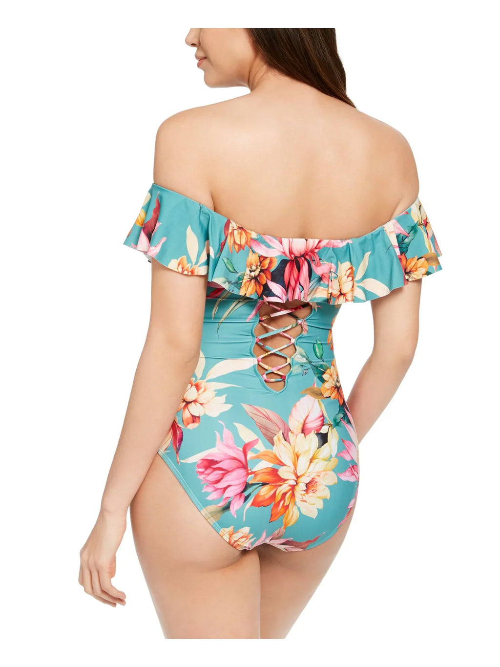 Swimsuit Women's The Molded Ruched Garden Ruffled Floral BLANCA 4 LA Off Back Blue Piece Cup Lace-up One Lined Shoulder Stretch