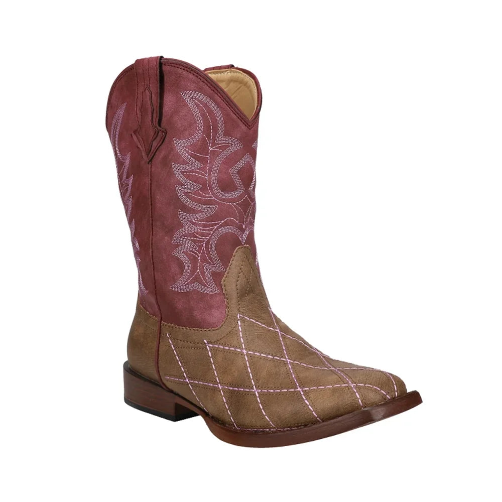 Round Cut Roper Mid-Calf Cross Toe Cowboy Western Kids Girls Boots