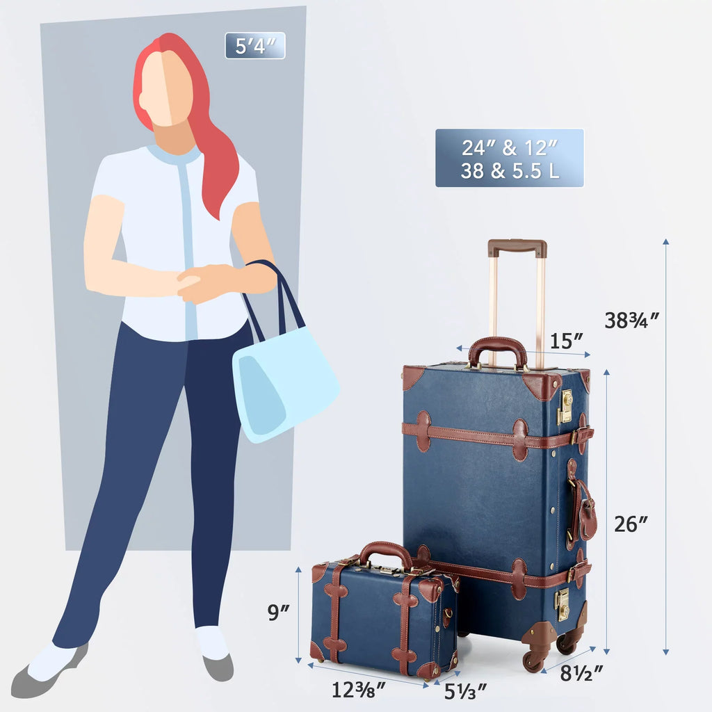 24"+12",Blue Sets Women Wheels CO-Z Spinner Carry Travel Vintage On 2 Suitcase Luggage for with Trunk Piece, Combination of