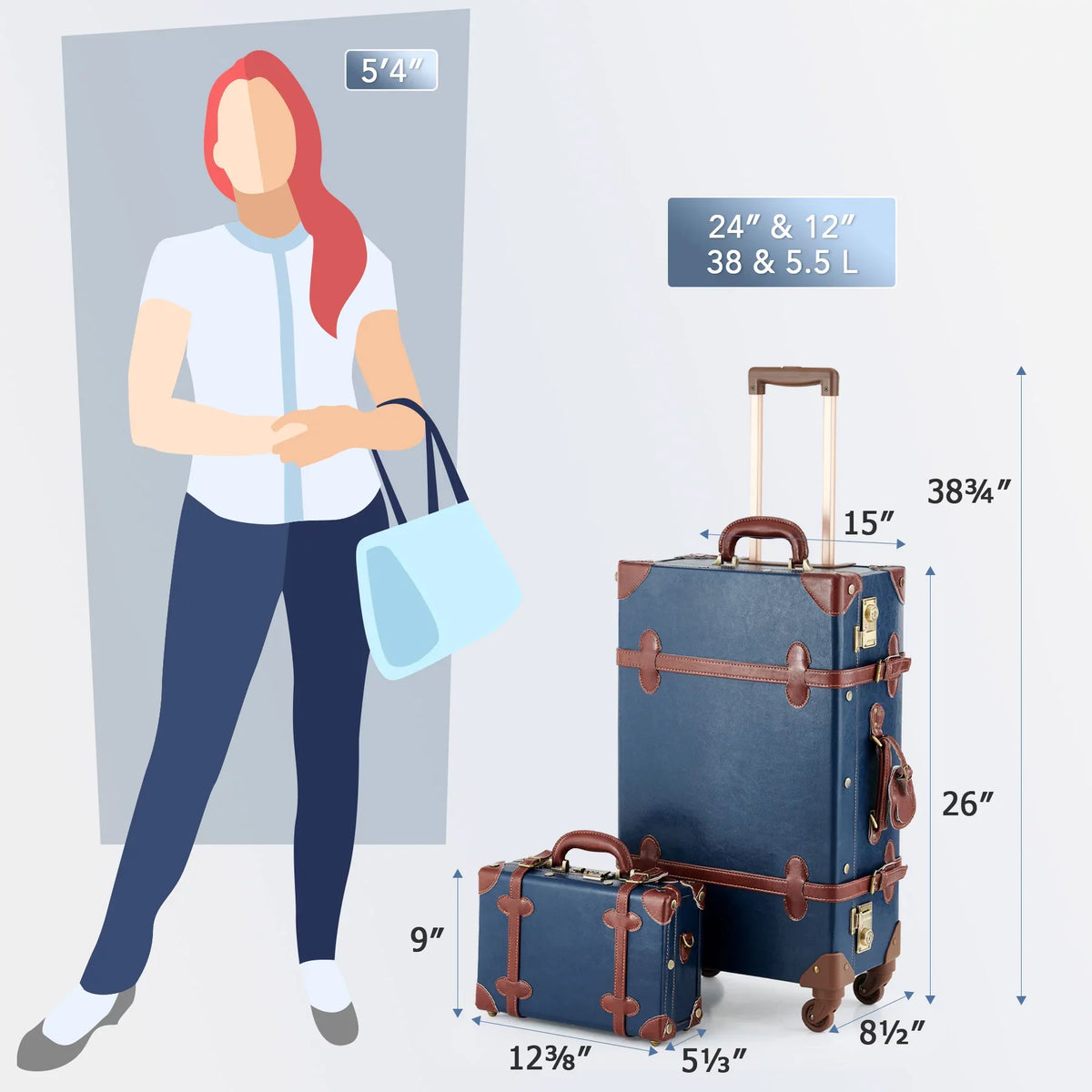 24"+12",Blue Sets Women Wheels CO-Z Spinner Carry Travel Vintage On 2 Suitcase Luggage for with Trunk Piece, Combination of