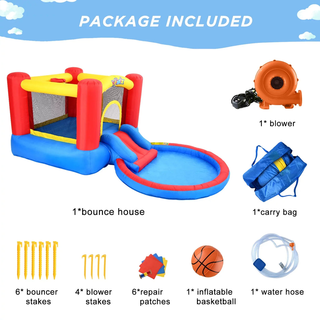 Basketball Bounce Castle with Pool Area with Fun Bouncy Bouncer Kids & Dry Wet Waterslide Blower Inflatable House for Repair years 3-5 , Kits, with Bounce Combo, Hoop Valwix for