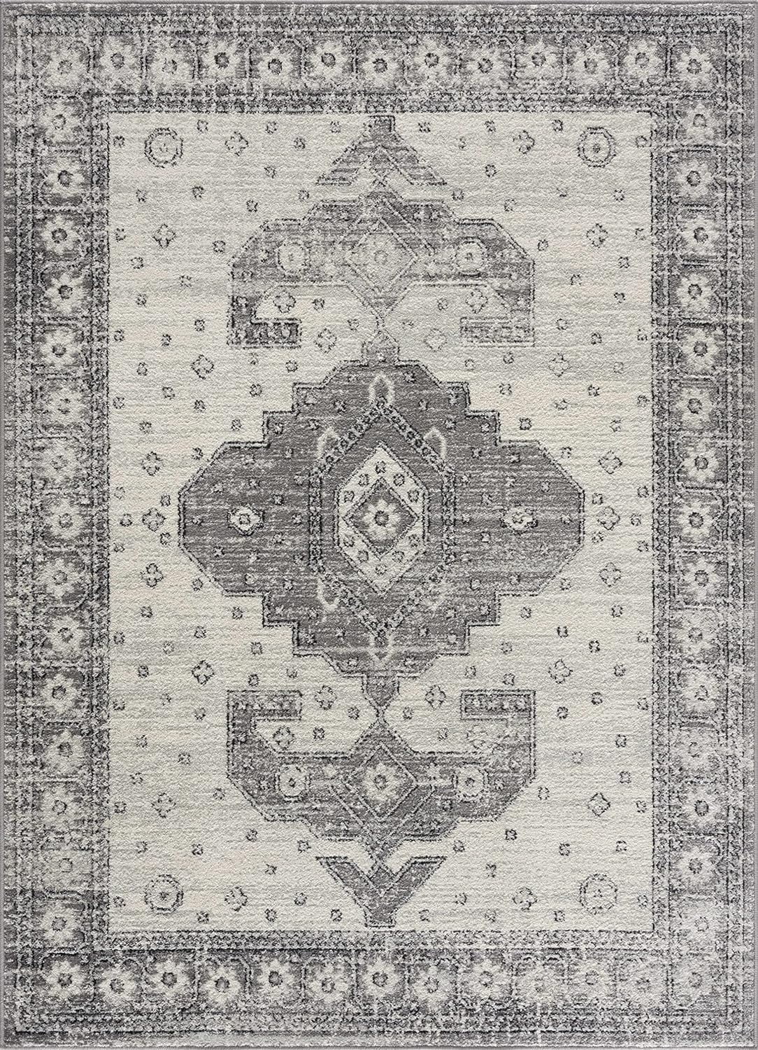 Boho Oriental Rug Living 10' Grey, Indoor X Bedroom, Marash Room, Distressed - 7'10" - Persian Beige - Pattern Traditional - Goksun Collection Vintage Area Medallion