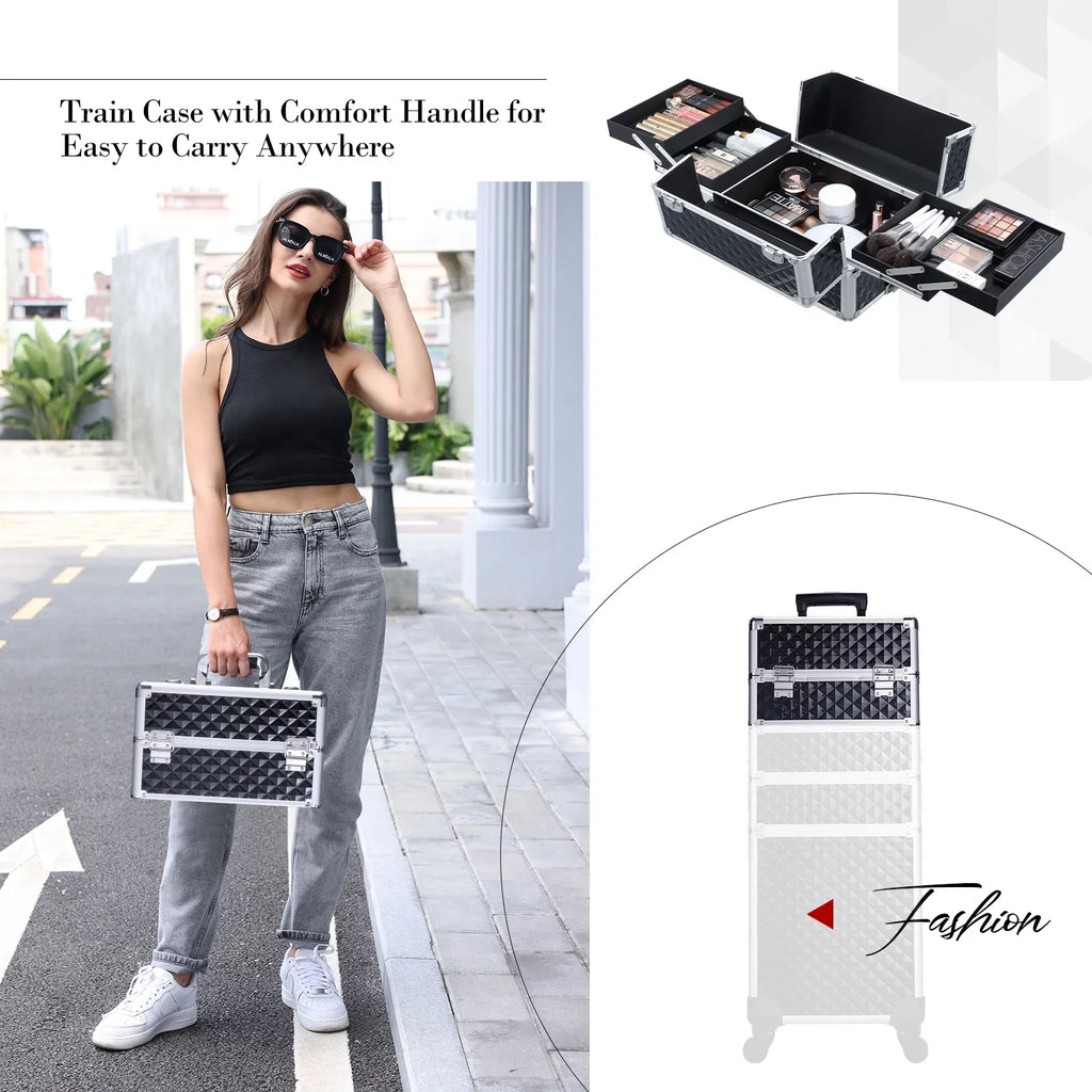 1 Barber in Case Rolling Cosmetic Aluminum Train Box 4 Salon Case Trolley Joligrace Wheels Makeup Case with