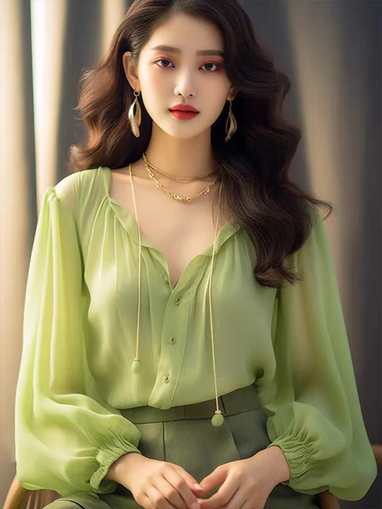Chiffon Blouse. Style Fashionable Shirt Style Underneath. Spring Women'S With French Mint V-Neck Mambo Top