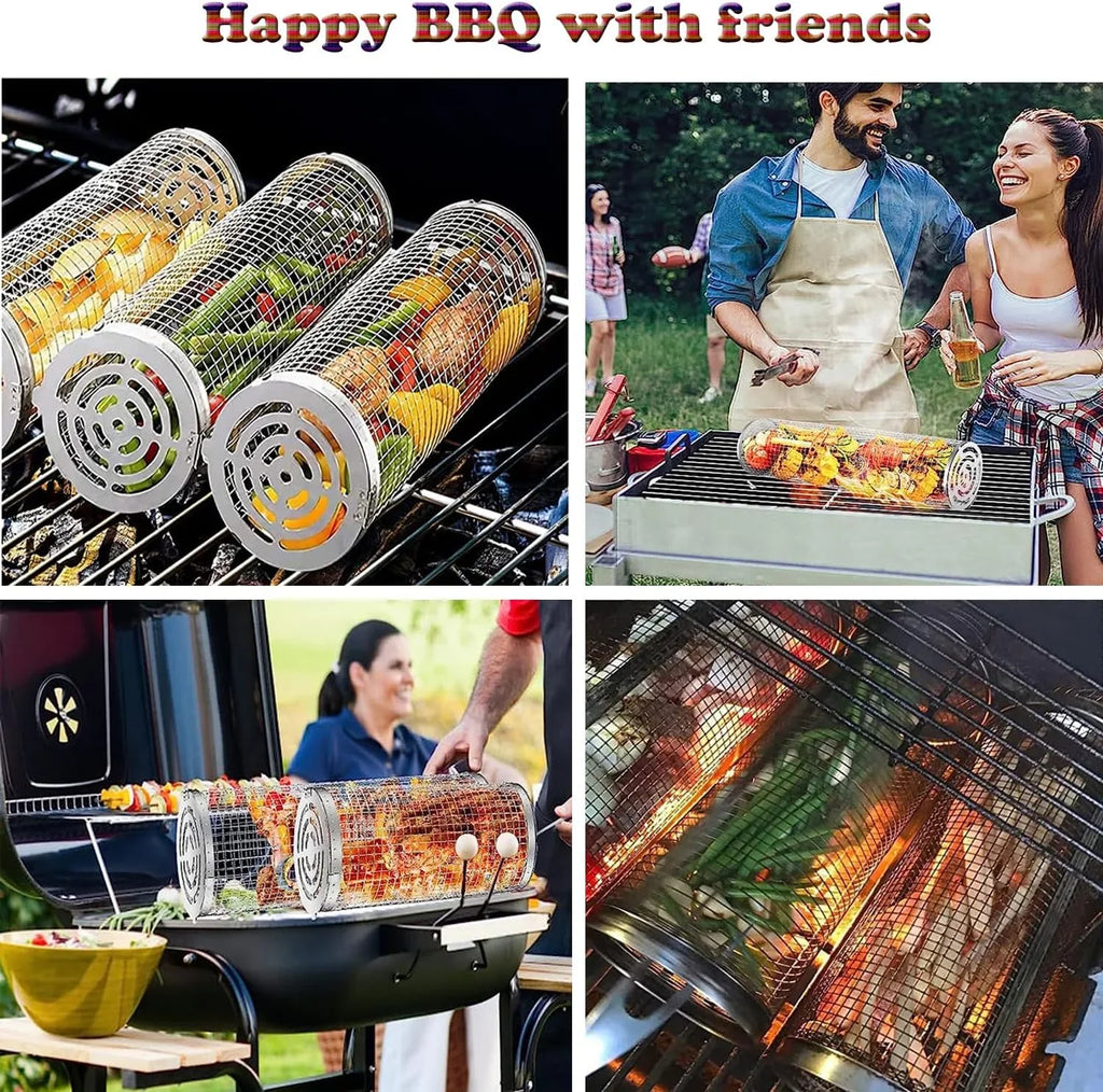 for Grilling BBQ Rolling Basket，Round Fish, Barbecue Outdoor BBQ 2PC ，Portable Barbeque Shrimp, Rack Basket Vegetables, Grilling Griller Cooking Camping Accessories