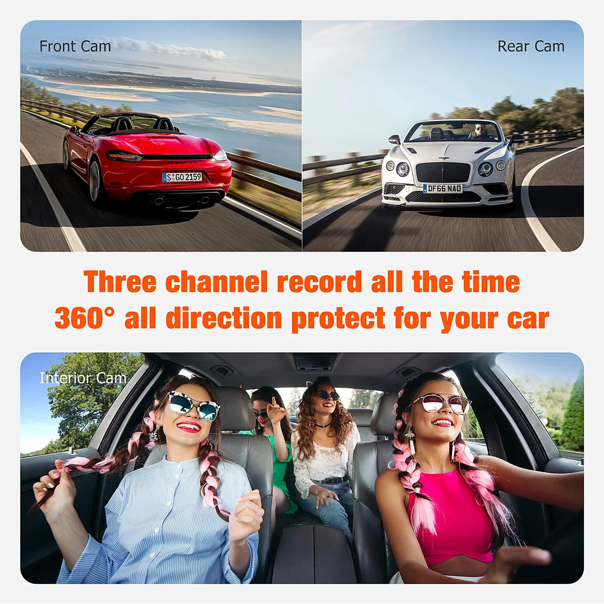 Dash Vision Camera Front Parking Inside Rear Way Three Camera Motion 3 Triple TOGUARD IR Detection Accident Car Monitor with and Cam Dash Channel Lock Night 1080P