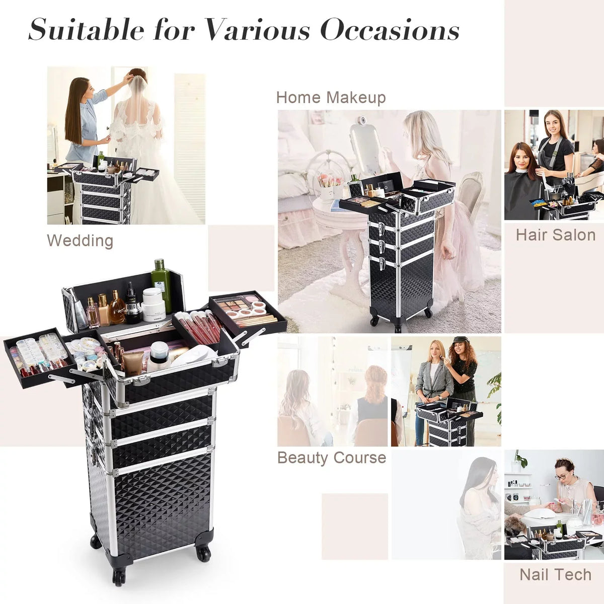 1 Barber in Case Rolling Cosmetic Aluminum Train Box 4 Salon Case Trolley Joligrace Wheels Makeup Case with