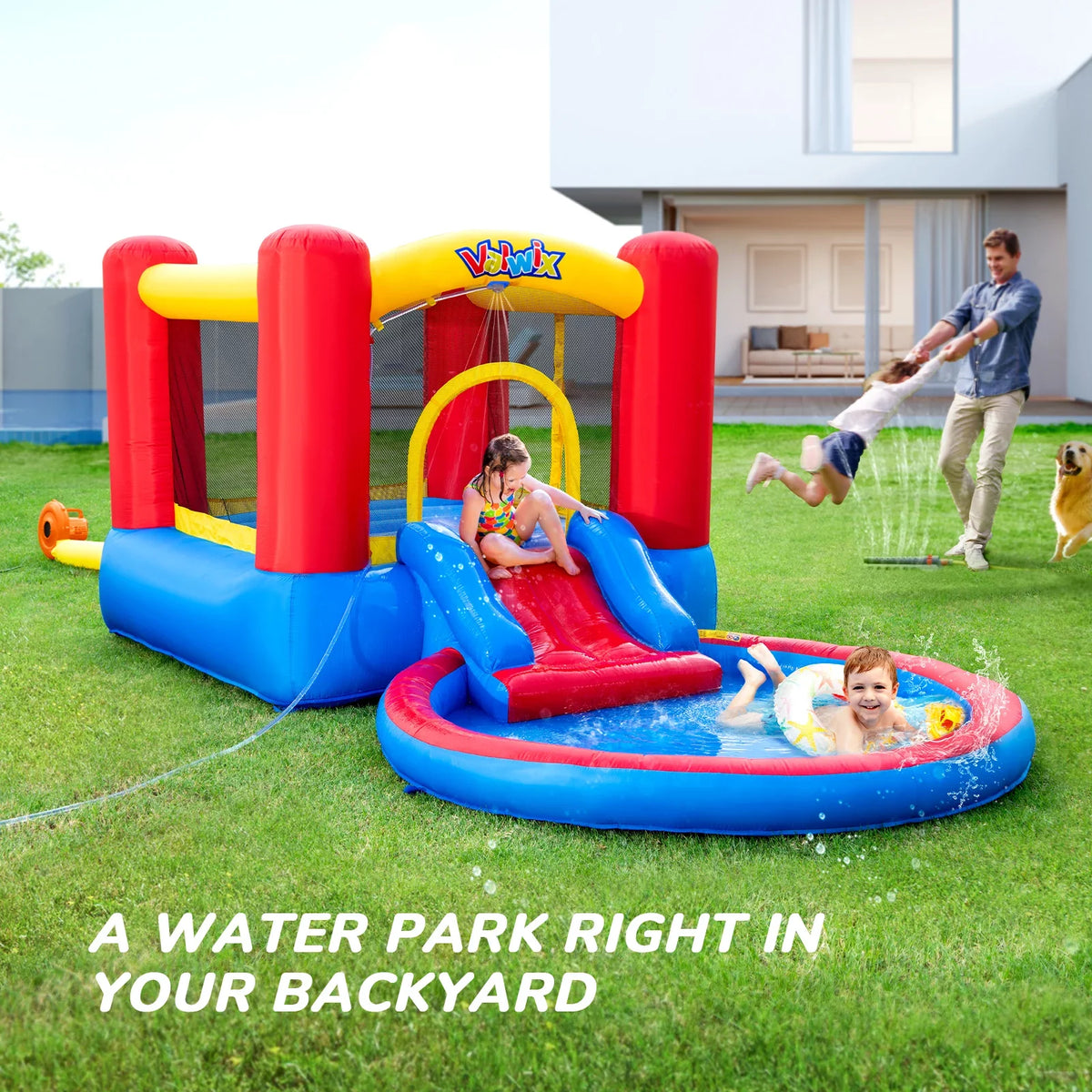Basketball Bounce Castle with Pool Area with Fun Bouncy Bouncer Kids & Dry Wet Waterslide Blower Inflatable House for Repair years 3-5 , Kits, with Bounce Combo, Hoop Valwix for