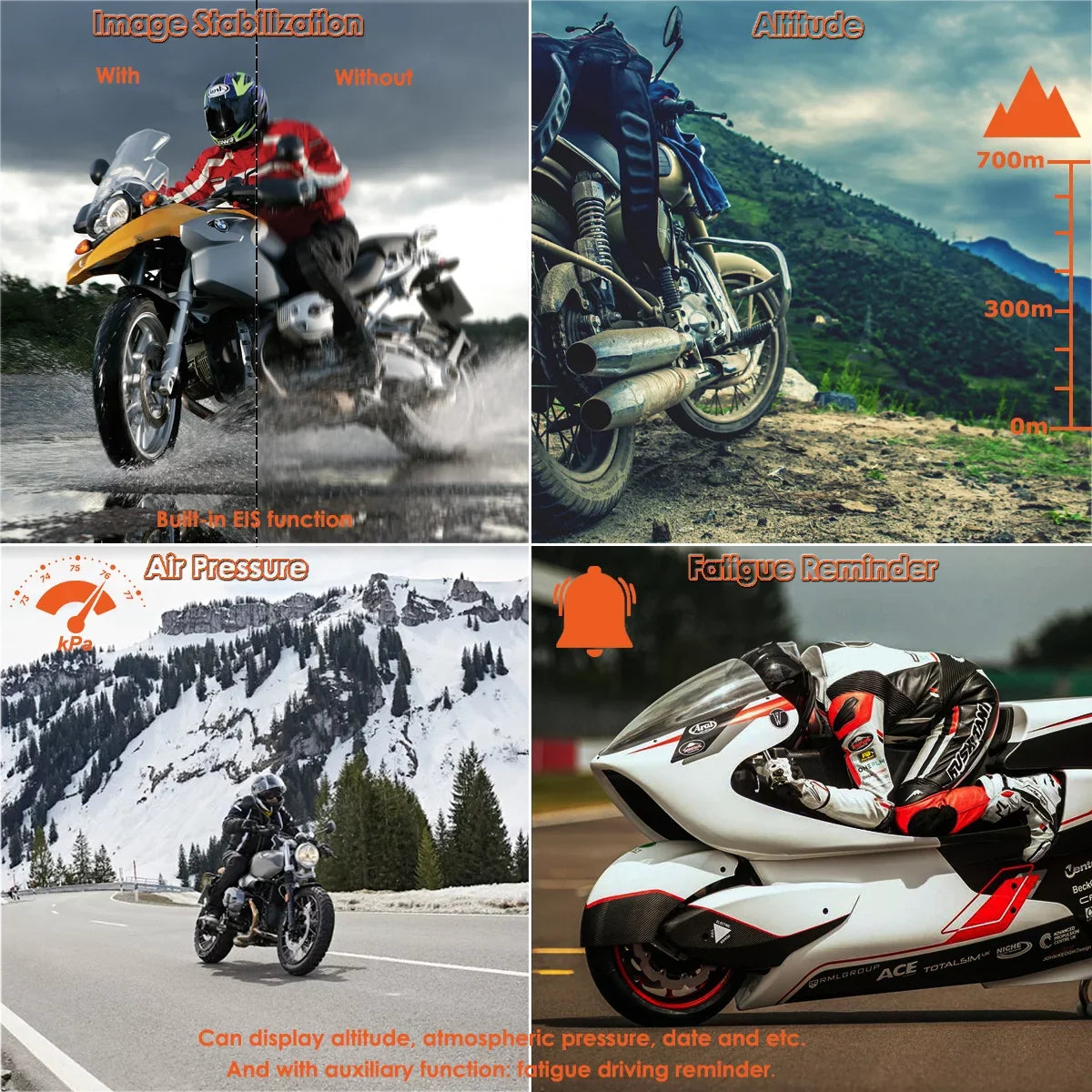 GPS, Wi-Fi, Dash Max Wired ZOMFOM Race 60fps Camera, Cam Wide and Waterproof 256GB LCD Front Angle 30fps/1080P up 150° Mode, All Dual Rear to Motorcycle MD20 2K and Remote, with 2'' EIS