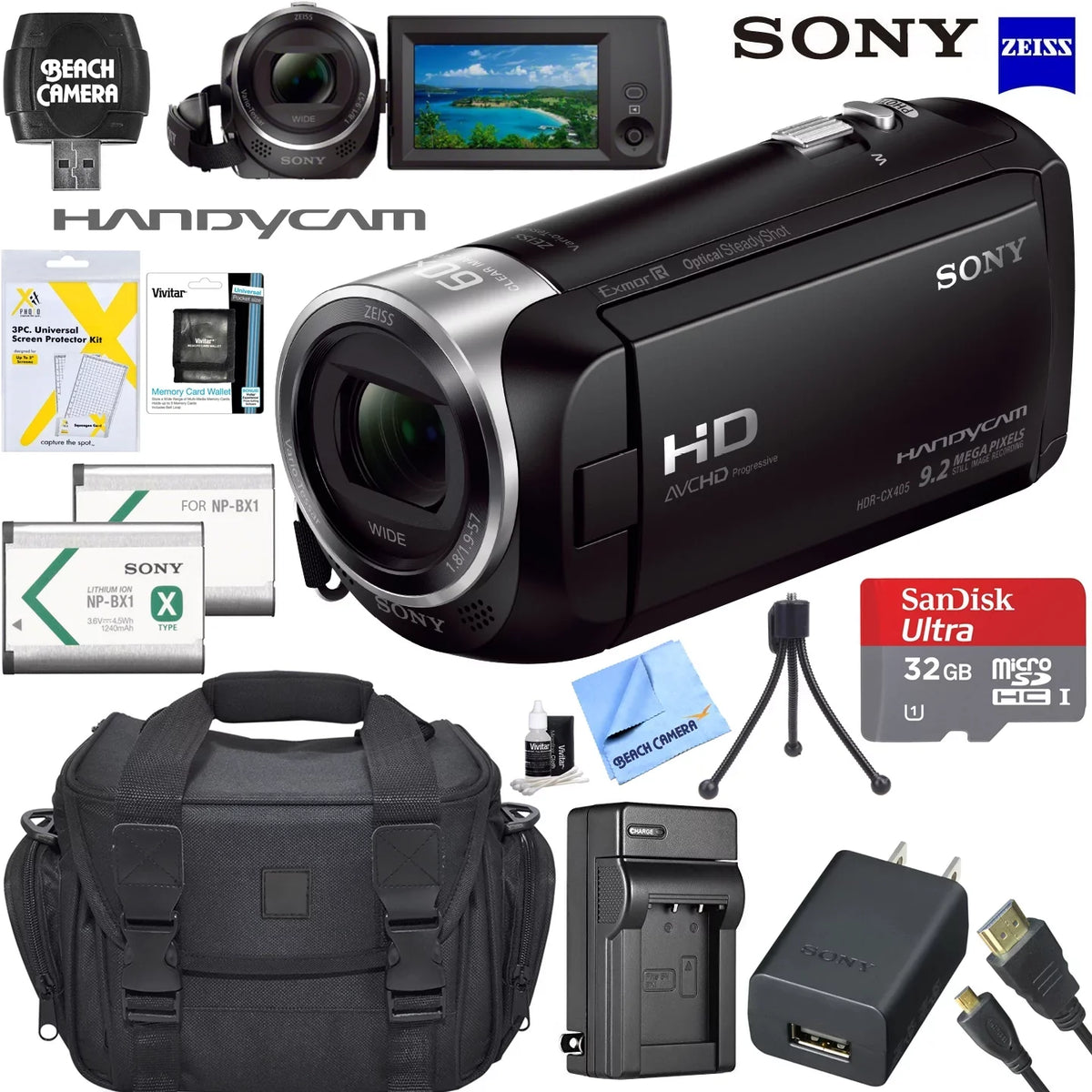 Charger Case Tripod HDMI Travel HD and Micro Video Battery Cable Memory HDRCX405 Camcorder Card More Handycam Recording SD Spare Bundle Sony 32GB Mini with