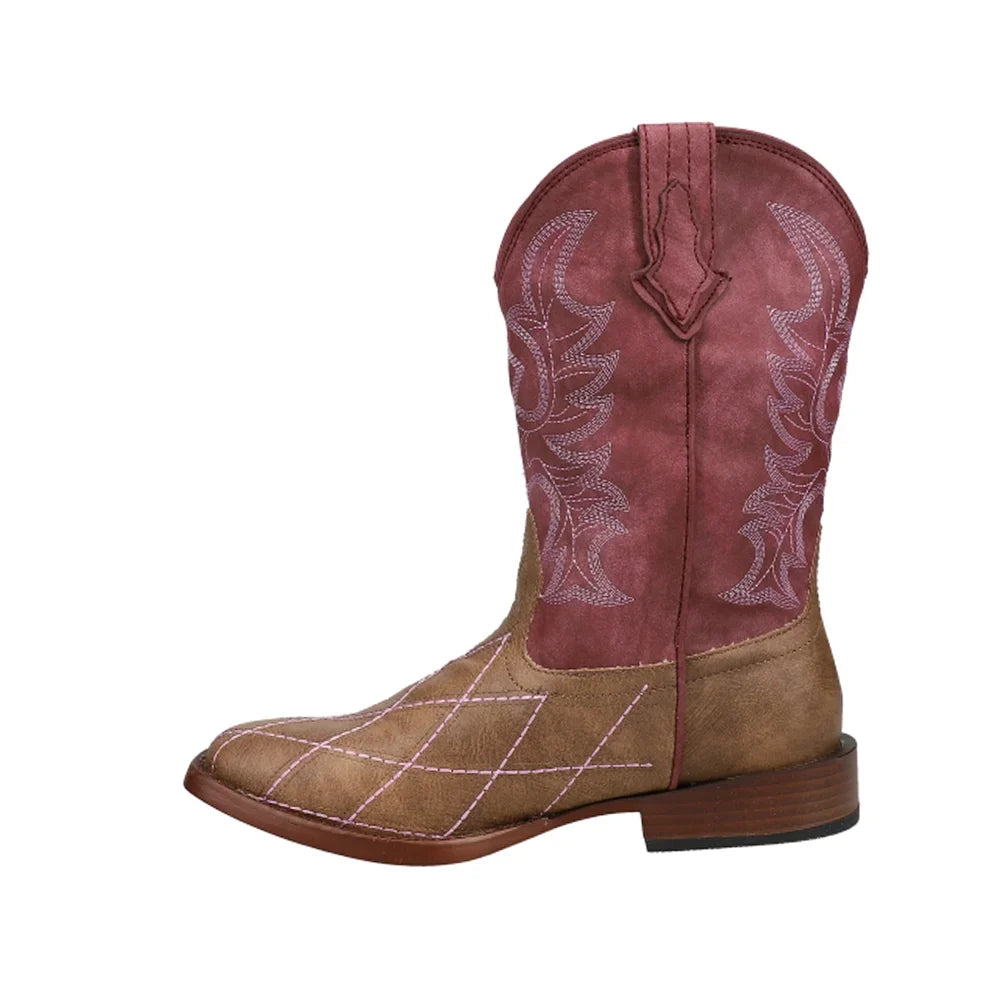 Round Cut Roper Mid-Calf Cross Toe Cowboy Western Kids Girls Boots