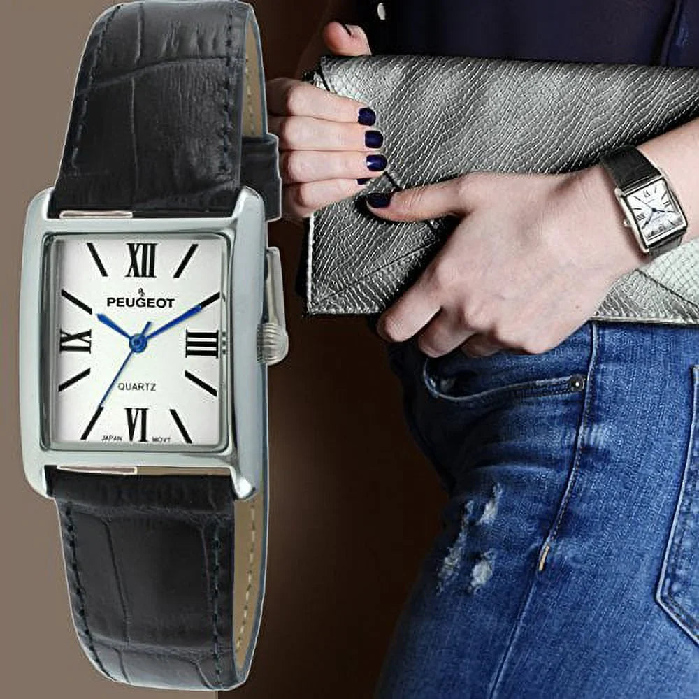 roman women's 3036bl watch silver peugeot numeral tank band blue leather