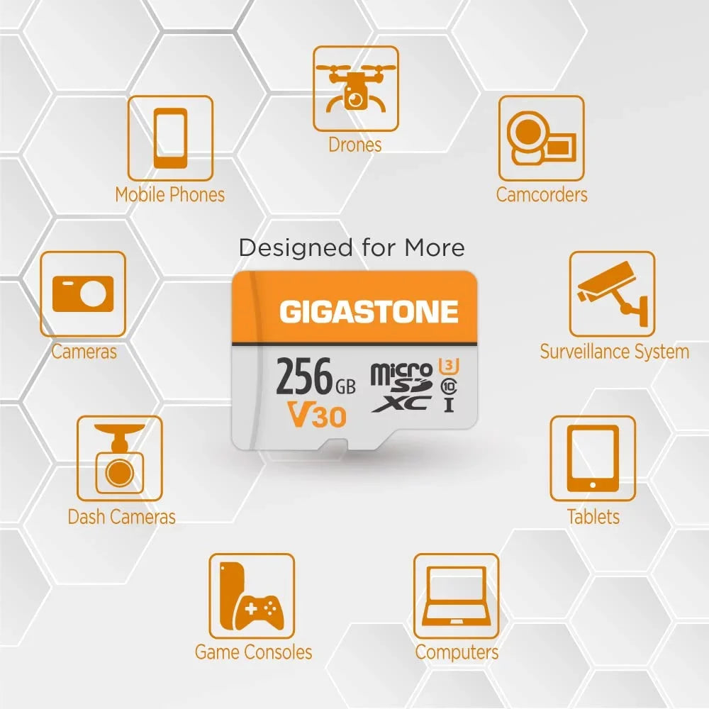 MicroSDXC U3 for Wyze, to Video Pro, Card, Camera, Security 4K Nintendo-Switch, Micro Recording, Cam, Dash UHS-I C10, up Video with Memory GoPro, SD 100MB/s, A1 Gigastone Card Adapter 4K 256GB V30