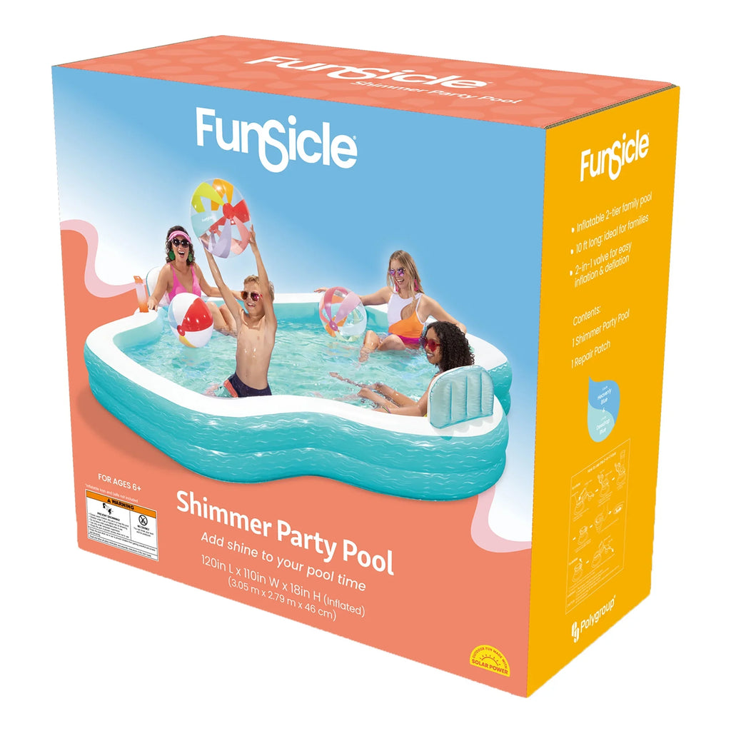 Inflatable Outdoor Party Holders, Funsicle: Cup Pool White, Lounge Comfortable Backrests, 10ft Teal - Pool, & 120x110x18", Shimmer Pool Family