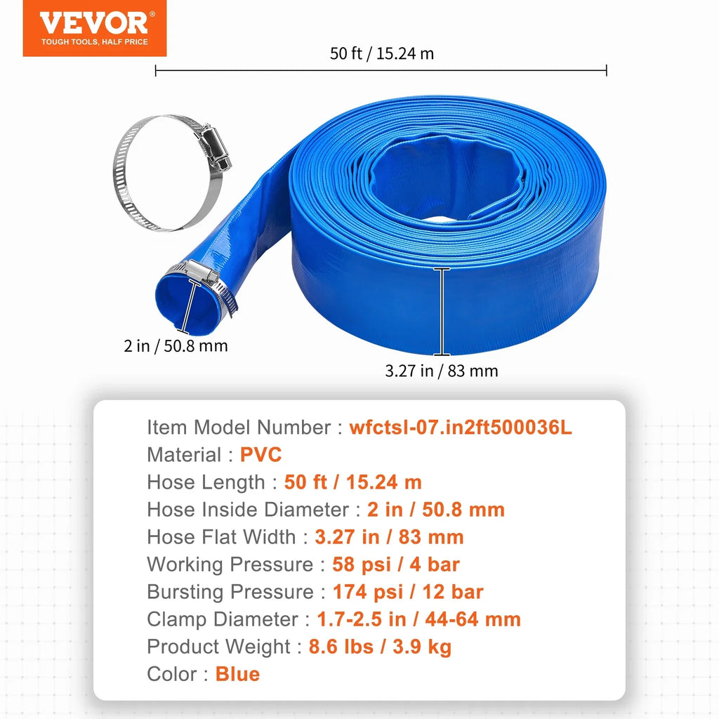 Pool Premium Lay and Chemical Weather x Flat 50' PVC Filter Discharge Backwash Clamps Hose Swimming 2'' BENTISM Blue Hose Resistant with