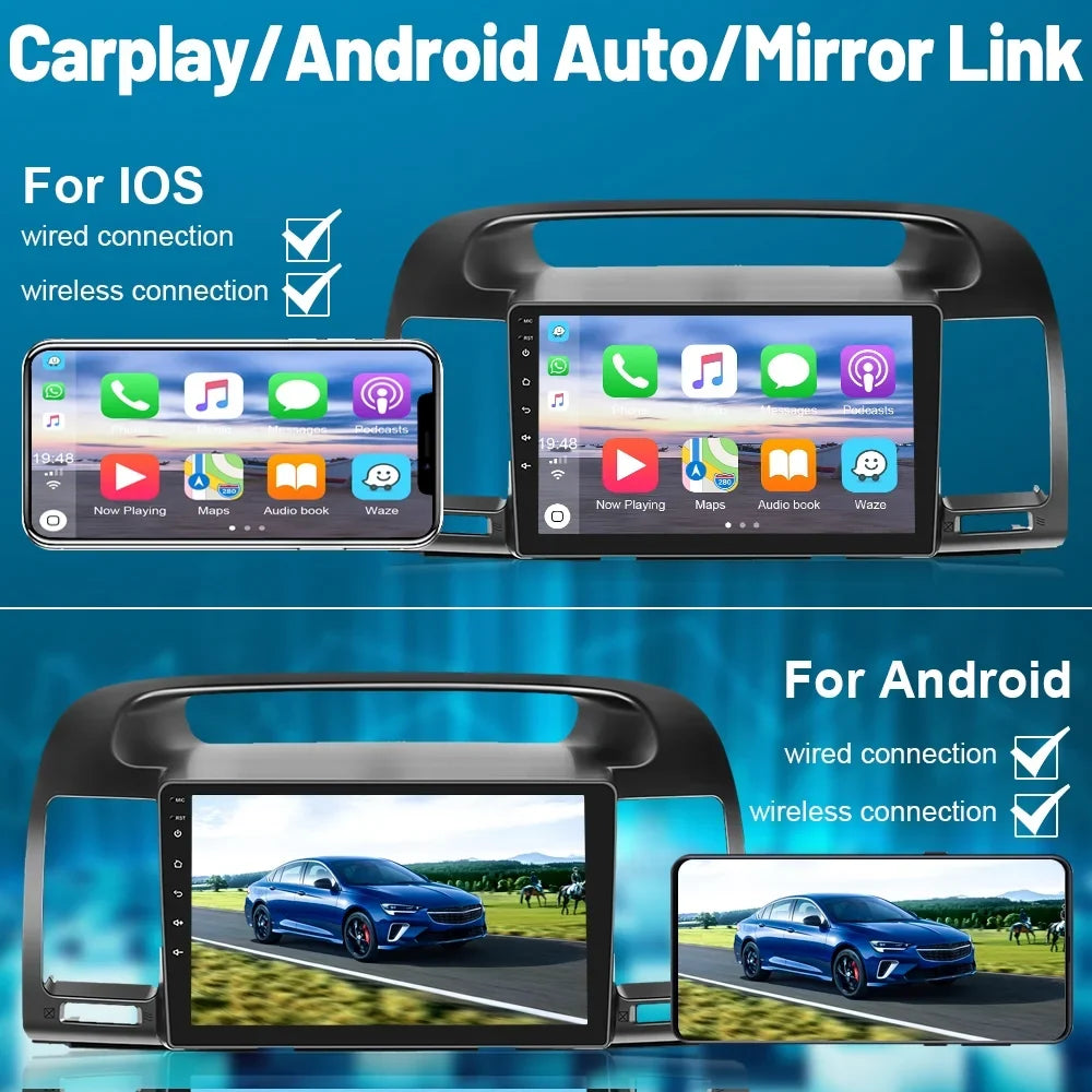 Car Wireless Bluetooth Carplay Auto Android 2+64G Stereo Podofo AHD Android 13 FM Camry WIFI Hifi, Radio Camera Toyota Touch GPS Backup Link 2000-2003 9'' for Screen Mirror