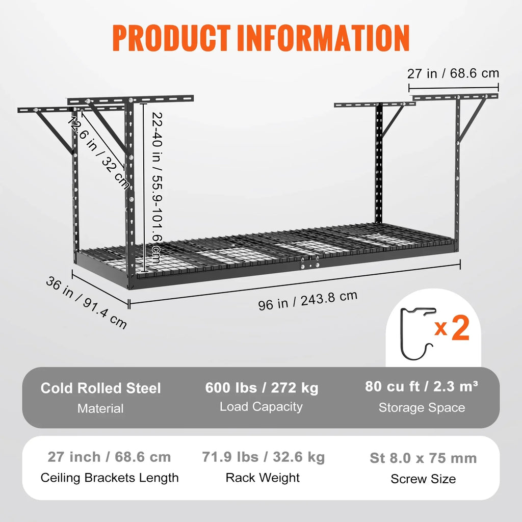 Rack Adjustable Garage 36x96in Overhead 600lbs Black Rack Storage BENTISM Ceiling