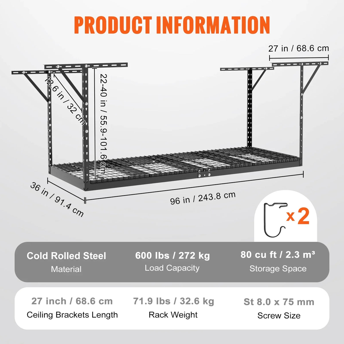 Rack Adjustable Garage 36x96in Overhead 600lbs Black Rack Storage BENTISM Ceiling