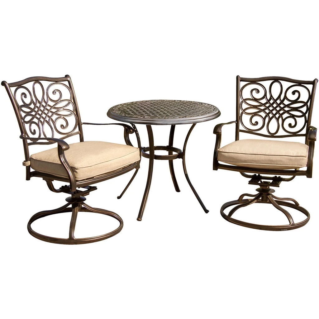 Two Bistro Round in. Swivel Set, Cambridge Rockers,32 Tan Dining Table Aluminum Seasons 3-Piece