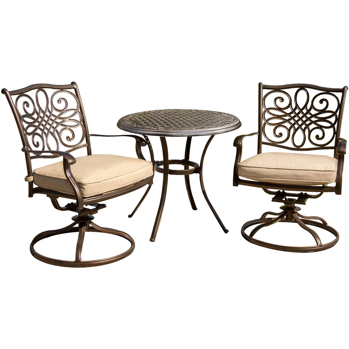 Two Bistro Round in. Swivel Set, Cambridge Rockers,32 Tan Dining Table Aluminum Seasons 3-Piece