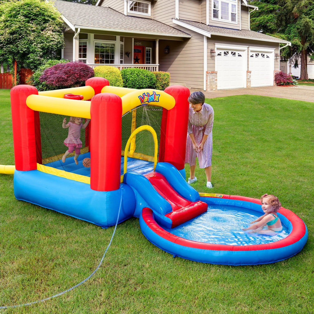 Basketball Bounce Castle with Pool Area with Fun Bouncy Bouncer Kids & Dry Wet Waterslide Blower Inflatable House for Repair years 3-5 , Kits, with Bounce Combo, Hoop Valwix for