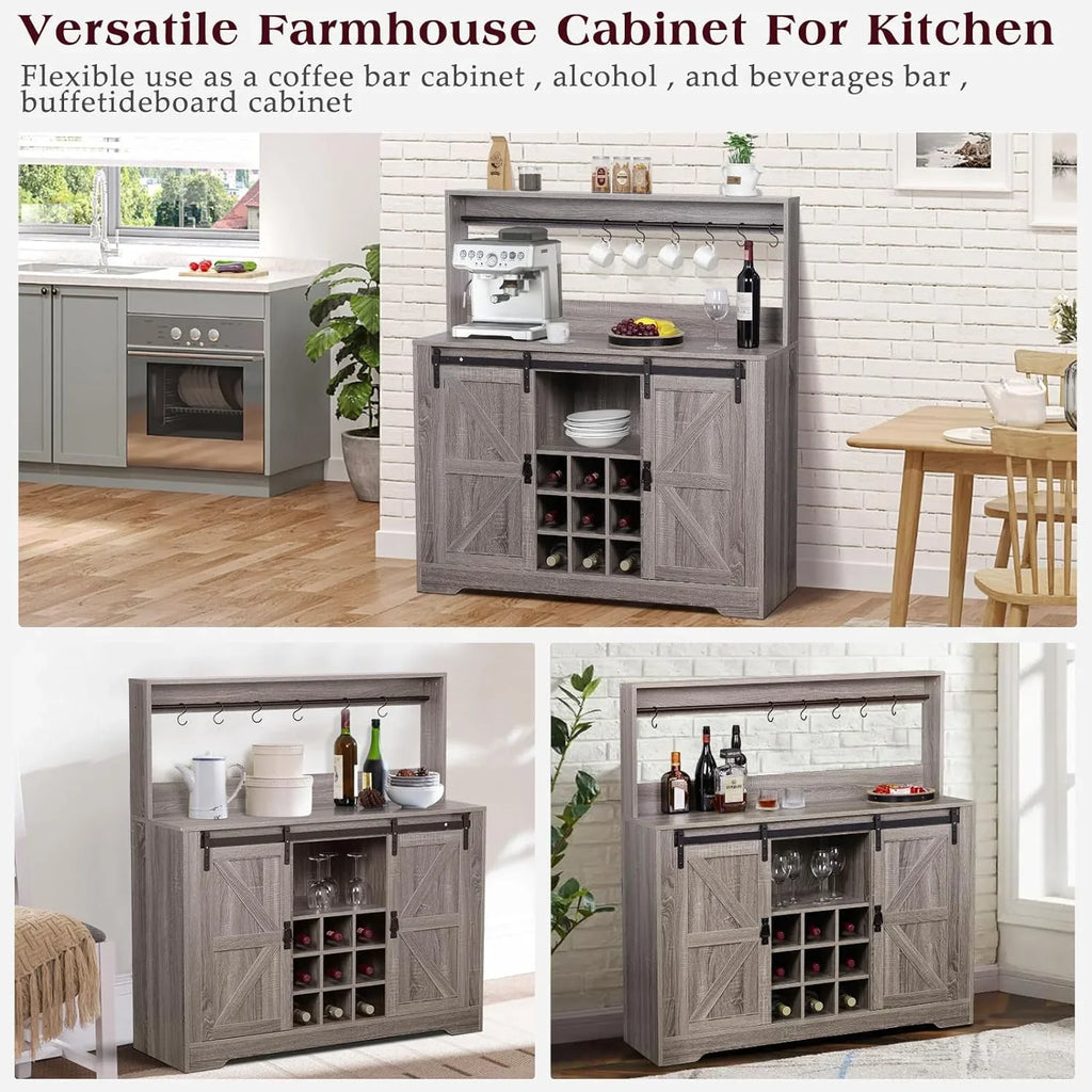 Bar Room(Gray) 6 Bar Deco Cabinet Dining Rack Urban Coffee with Storage,Liquor with Sideboard for Kitchen and Hooks Buffet