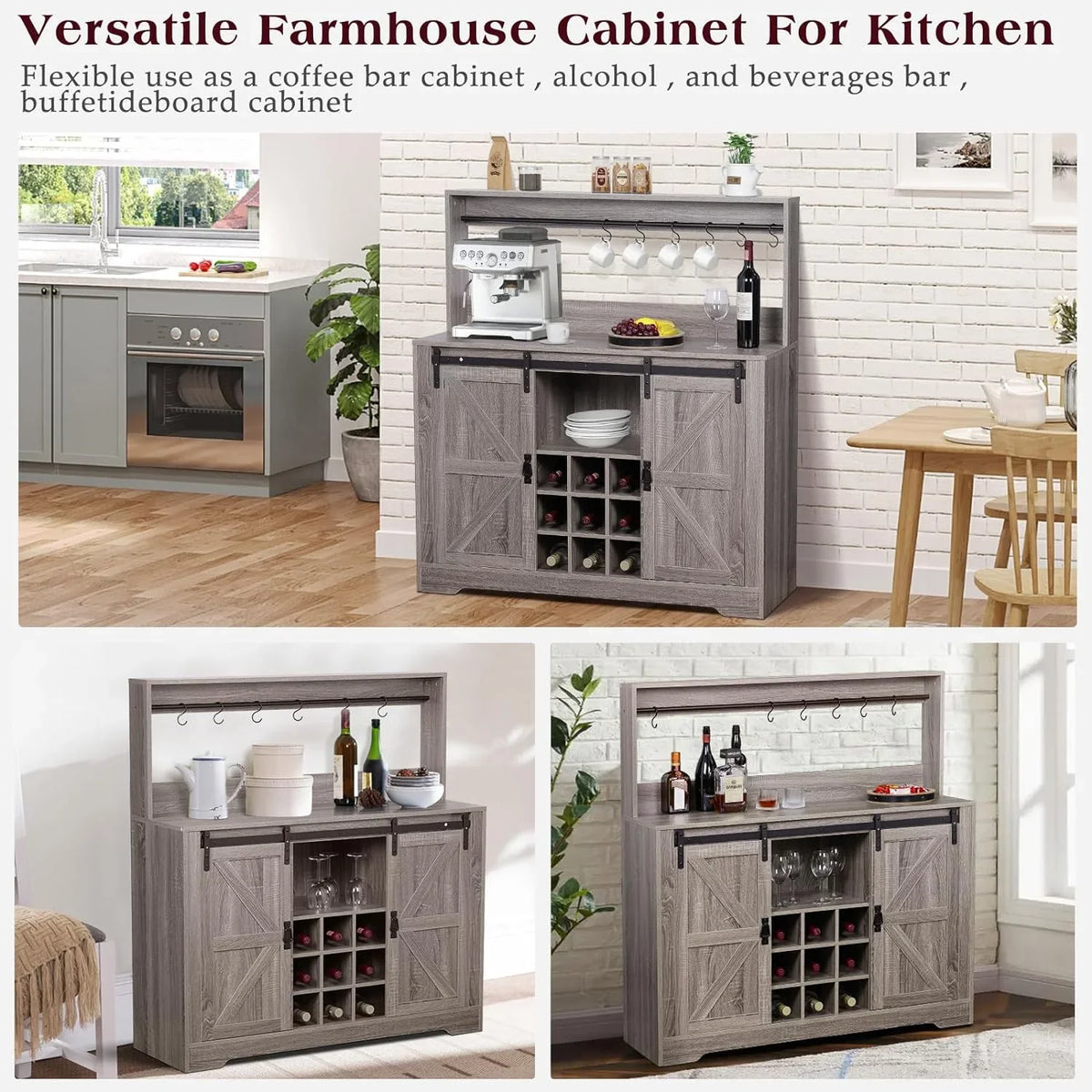 Bar Room(Gray) 6 Bar Deco Cabinet Dining Rack Urban Coffee with Storage,Liquor with Sideboard for Kitchen and Hooks Buffet