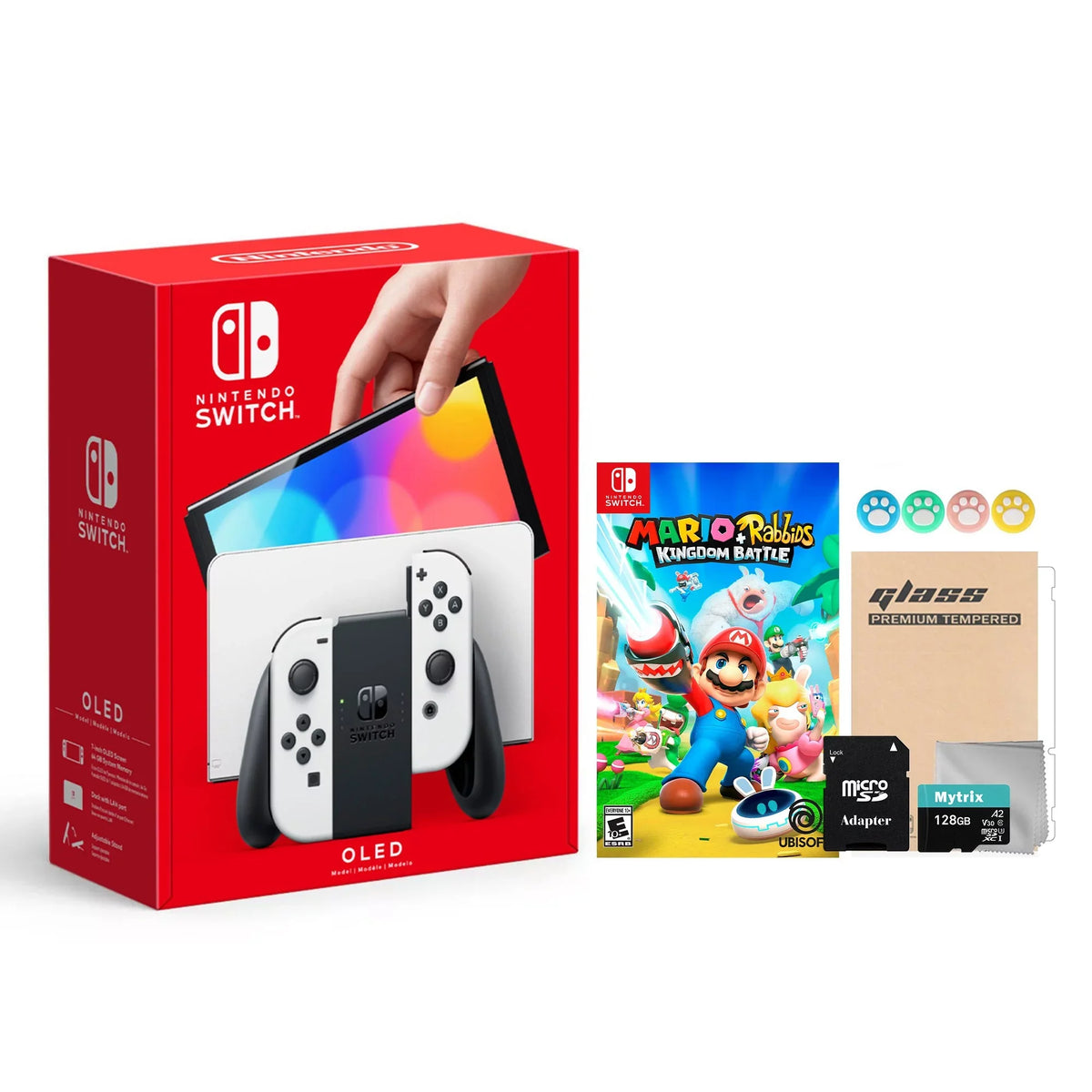 and New Dock OLED Mytrix and Improved Mario HD with Nintendo Kingdom Battle Accessories 2021 White Con 64GB LAN-Port Joy Switch Rabbids Model Screen Console