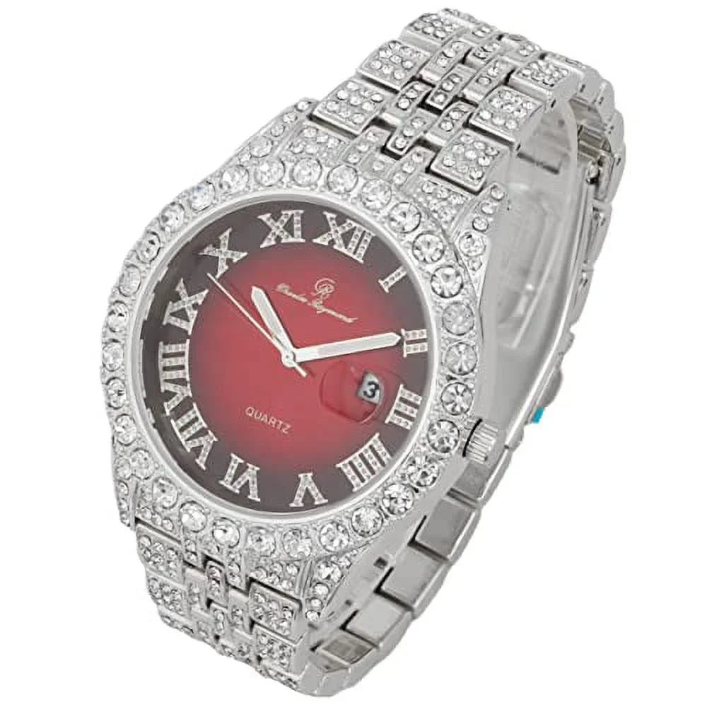 Blinged Hop Fully Out Silver Designer Hip Charles Mens Dials- w/Roman Date and Watch RED Numerals Rocks Colorful ST0226RND Iced Cuban Big w/Easy Timepiece Out - Read Raymond