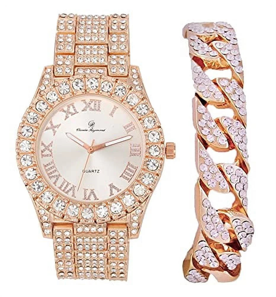 '- RN with Shiny Rocks Silver Gold) Cuban Wristwatch Fully Numerals Iced w/Blinged Colorful Big Out Silver Out Bracelet Cuban ST10327 Raymond Mens Charles Roman (Rose Dial