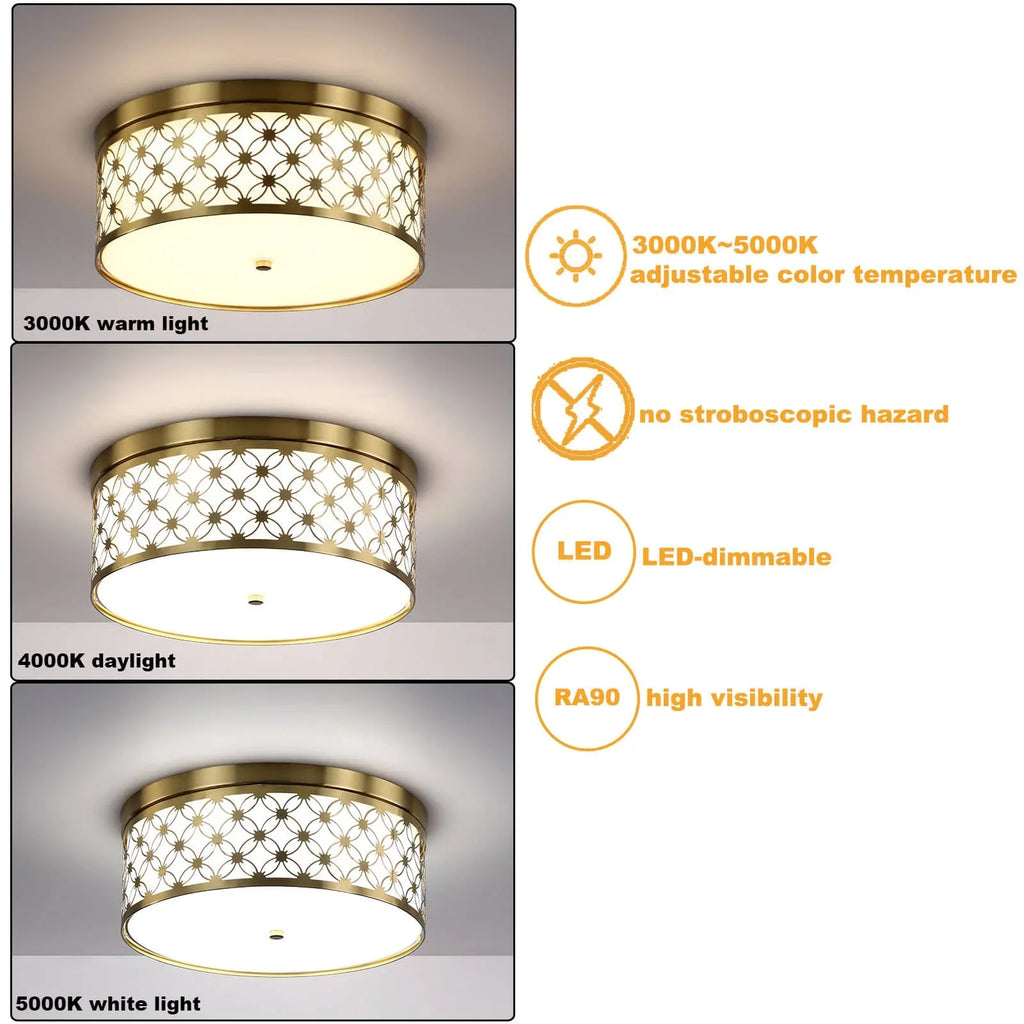Brushed Fabric Gold Ceiling Modern Fixtures White Light with Drum Shade