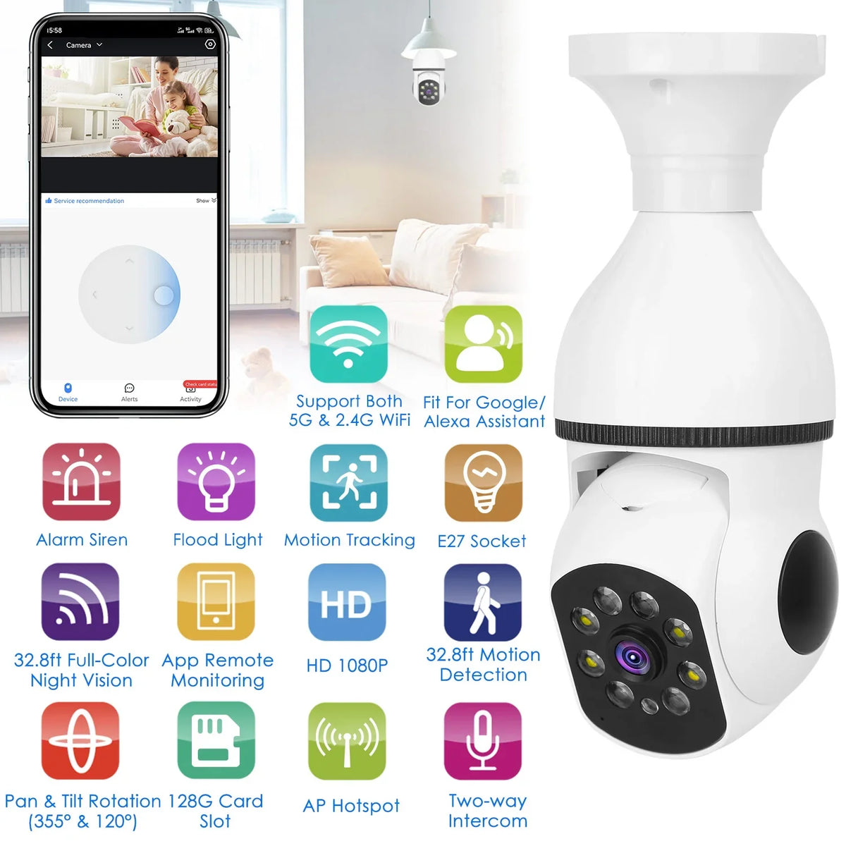 Audio Security iMounTEK Camera Tracking Panoramic WiFi Wireless 1080P Control Alarm 360 APP E27 Bulb Surveillance Camera FHD Electric Degree Two-Way Night Motion Vision