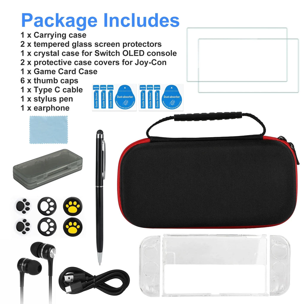 EEEkit for Kit Tempered Nintendo Carrying Glass OLED, Switch Thumb with More, Protector, Bundle 16-in-1 Grips, Black Case, Accessories Accessories Fit Case, Cover Protective Screen and