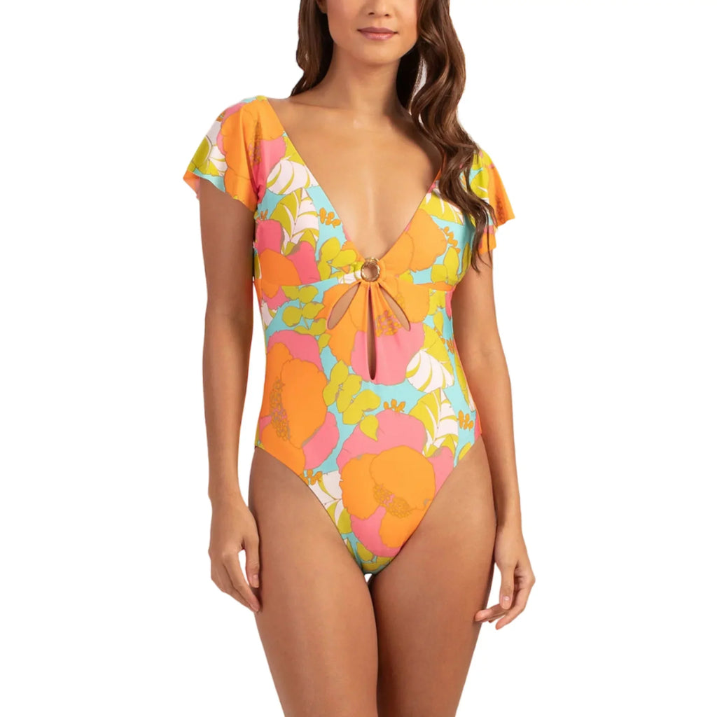 14 Playa Front / Sleeves Turk Swimsuit-Orange Women's Keyhole One-piece Flutter Flor De Trina