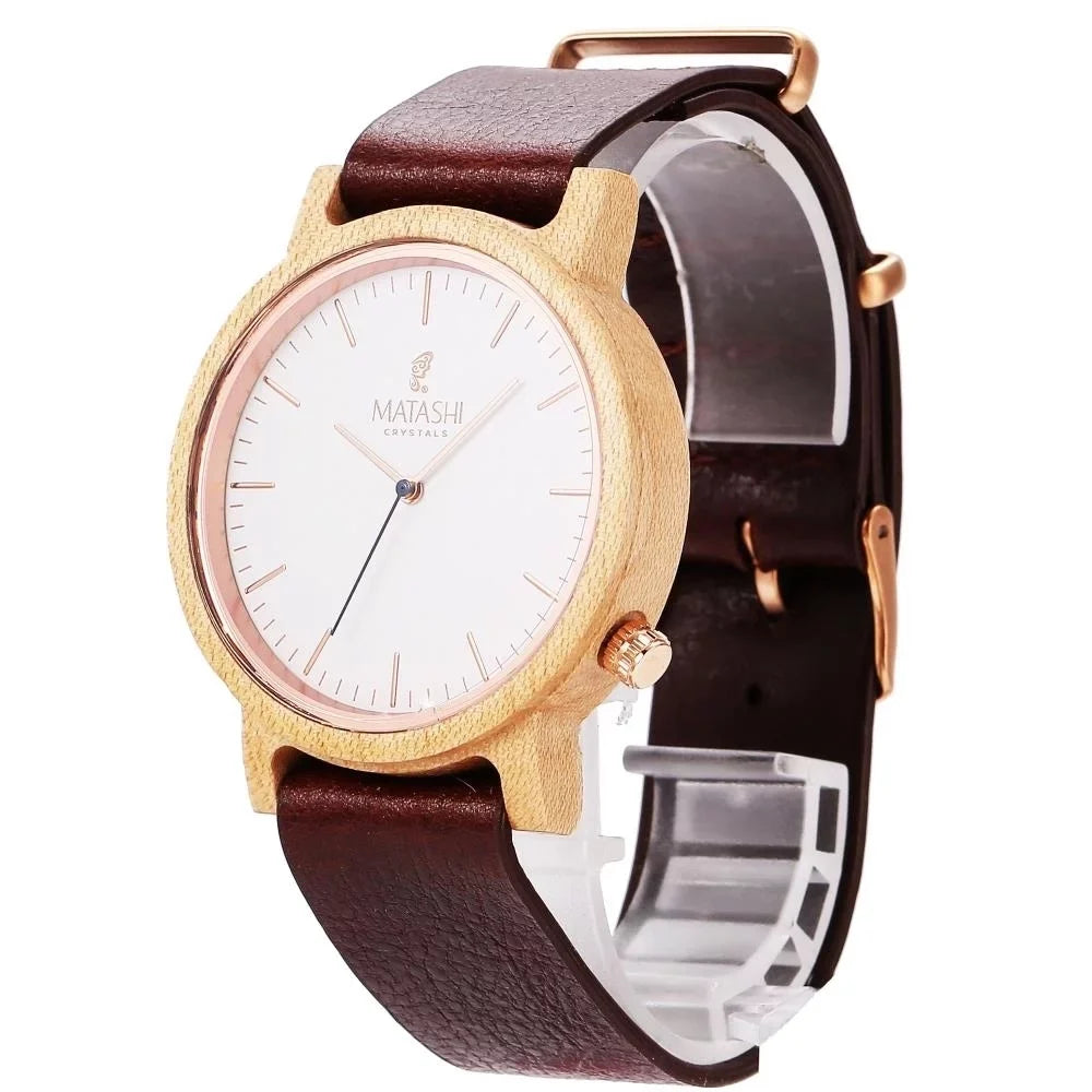 Womens Matashi Business and Watch Water 1ATM Wooden Leather Wrist Resistant, Brown Casual w Swiss or Mens Travel, Strap,