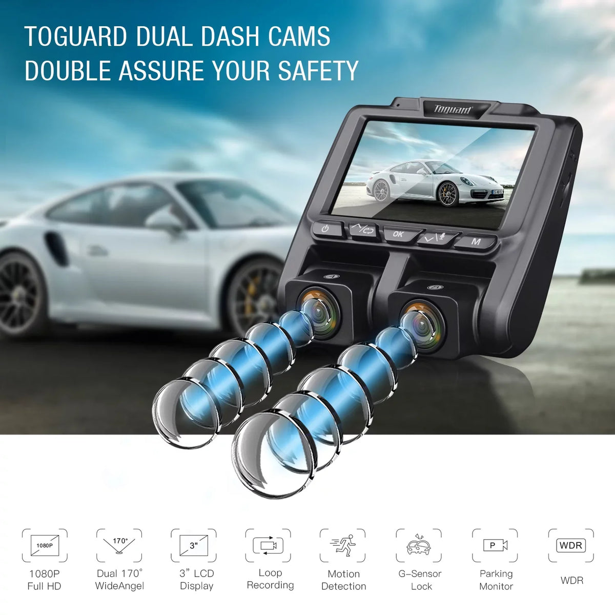 3" TOGUARD G-Sensor, Night LCD Screen Car Dual Dash Vision Recording with Monitor, Loop 1080P Dash Parking Front and Camera Cam IR Camera Inside