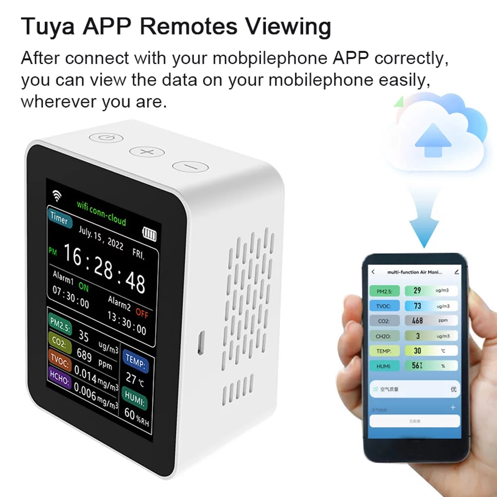 Time WiFi Indoor Viewing Mobilephone In 1 Air 6 Display Home Desktop 2 PM2.5 Remotes Humidity Moni TVOC Air Date Intelligent Detector Sets HCHO Quality Quality Week Detector Alarm Carevas APP CO2