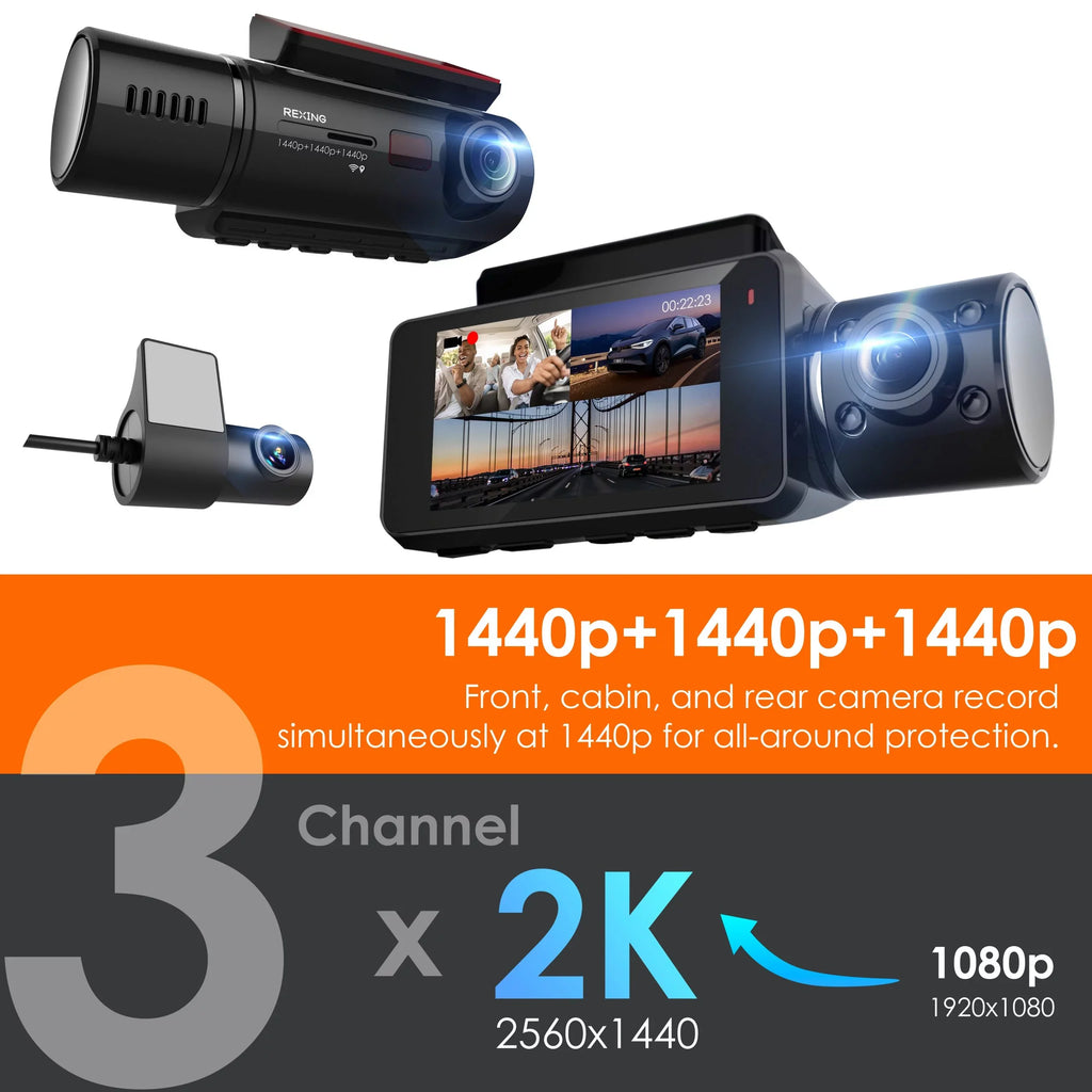 Cabin Wi-Fi Dashcam Channel Camera with Rexing Rear 3 Built-in Front, and & GPS V33 1440p+1440p+1440p