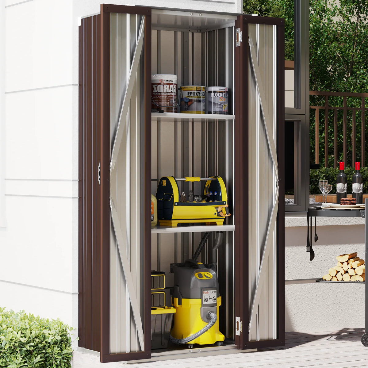 and Garden Garage& Shelves with Metal 70" YODOLLA Brown for Storage in Cabinet Organizer Storage Shed Indoor Doors Outdoor/