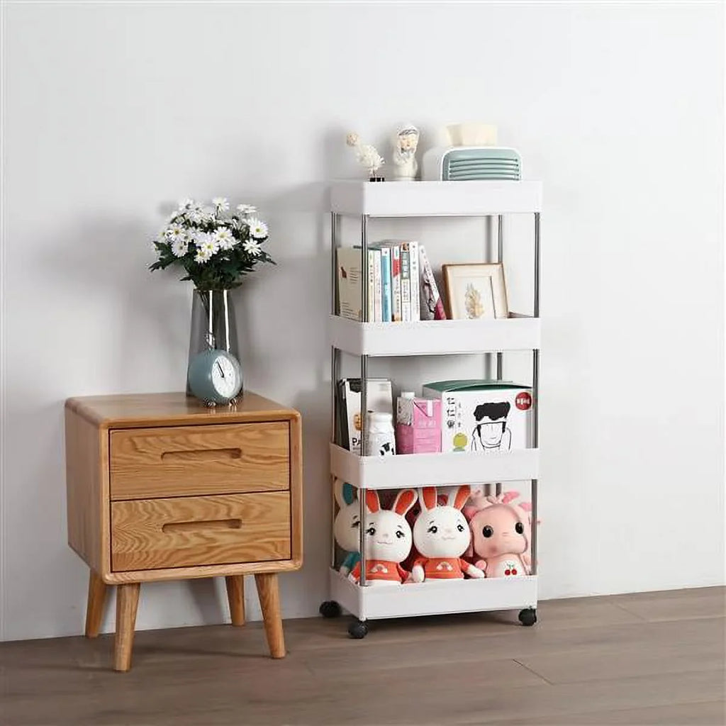 with 4 for Kitchen, Wheels, Storage Room, Plastic SYTHERS Steel, Bathroom, Cart White Stainless Utility Rolling with 4-Tier Laundry hooks, and Cart