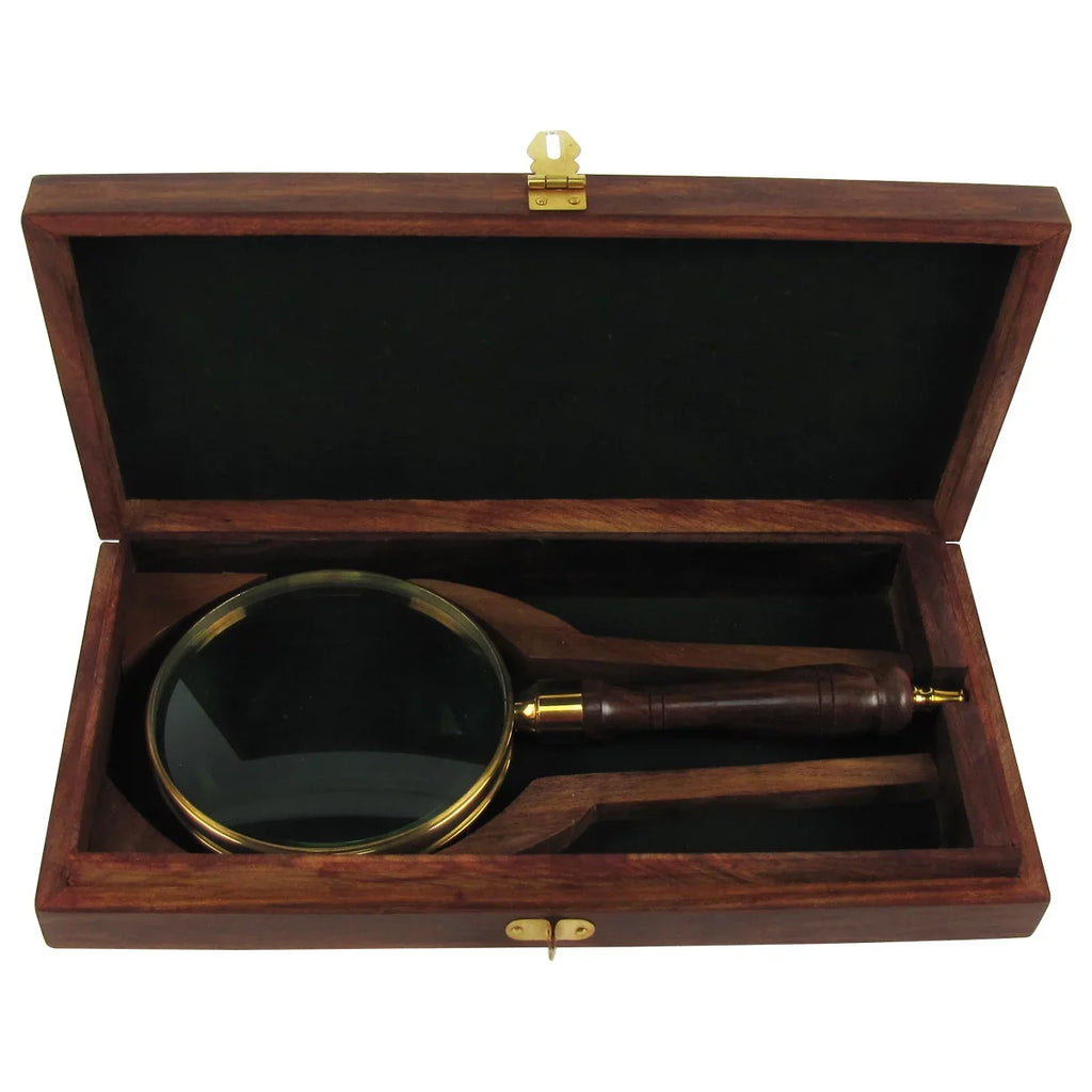 w/ Magnifier Antique 5x Brass&Wood Lens Box Turned Hand Magnifying Desktop Glass